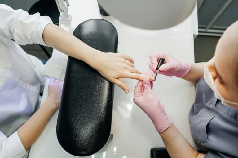 Top view of process of manicure, salon.